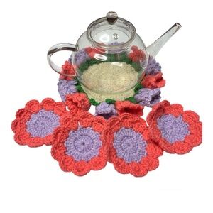 Handmade Crochet Mug Rug & 4 Coaster Set – Coral & Lavender Floral Tea Coasters